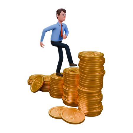 Hombre de negocios caminando sobre pilas de monedas de oro  3D Icon