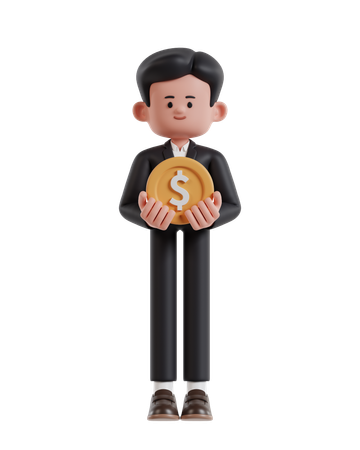 Empresário carregando moedas de dólar  3D Illustration