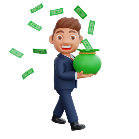 Empresário carregando saco de dinheiro  3D Illustration