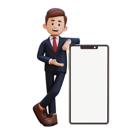 Empresario tendido y presentando en un gran teléfono inteligente con pantalla vacía  3D Illustration