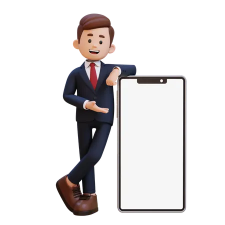 Empresario tendido y presentando en un gran teléfono inteligente con pantalla vacía  3D Illustration