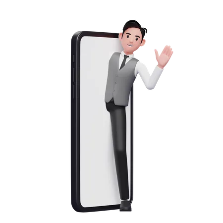 Empresário com colete cinza aparece na tela do telefone e diz oi, acenando com a mão  3D Illustration