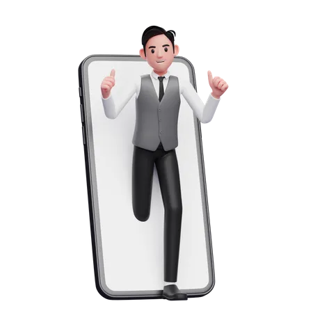 Empresário com colete cinza aparece de dentro da tela do telefone e faz sinal de positivo  3D Illustration