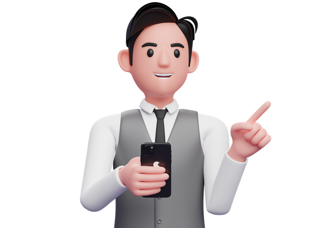 Empresário de colete cinza apontando para o lado escolhendo o gesto e segurando um telefone  3D Illustration