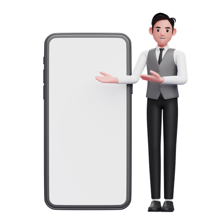 Empresário de colete cinza apresentando um grande celular com tela branca  3D Illustration