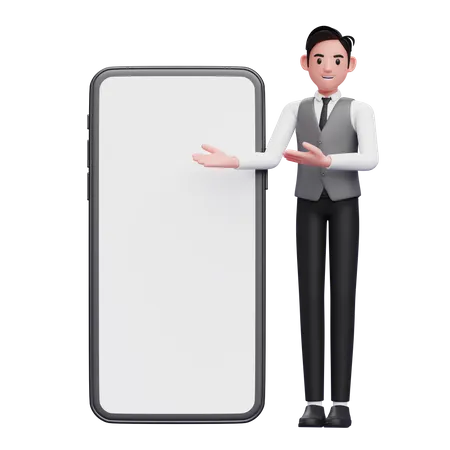 Empresário de colete cinza apresentando um grande celular com tela branca  3D Illustration
