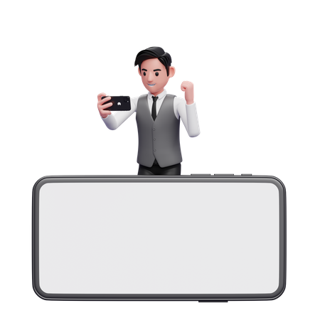 Empresário com colete cinza comemorando enquanto olha a tela do telefone atrás da tela grande da paisagem do telefone  3D Illustration