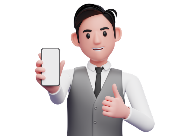 Empresário com colete cinza de escritório dá sinal de positivo e mostra a tela do telefone para a câmera =  3D Illustration