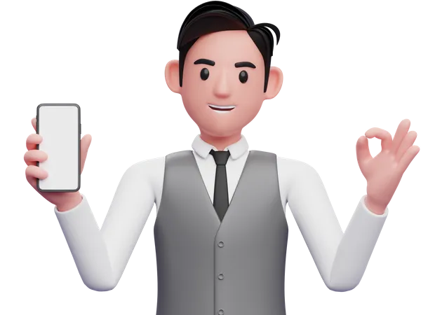 Empresário com colete cinza de escritório dando o dedo ok e segurando um telefone celular  3D Illustration