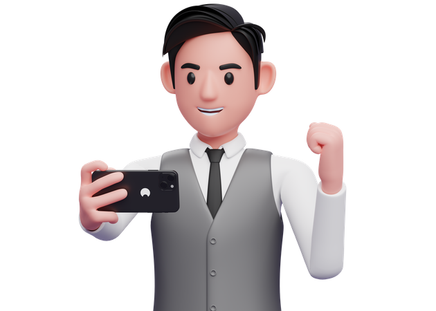 Empresário com colete cinza de escritório olhando a tela do telefone e comemorando  3D Illustration