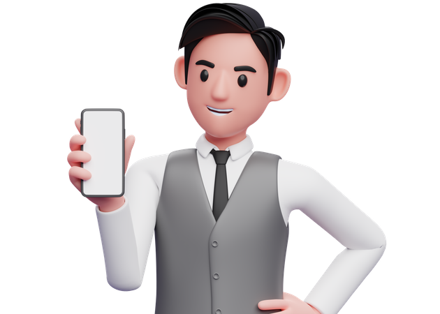 Empresário com colete cinza de escritório segurando e olhando para o telefone e a mão esquerda na cintura  3D Illustration
