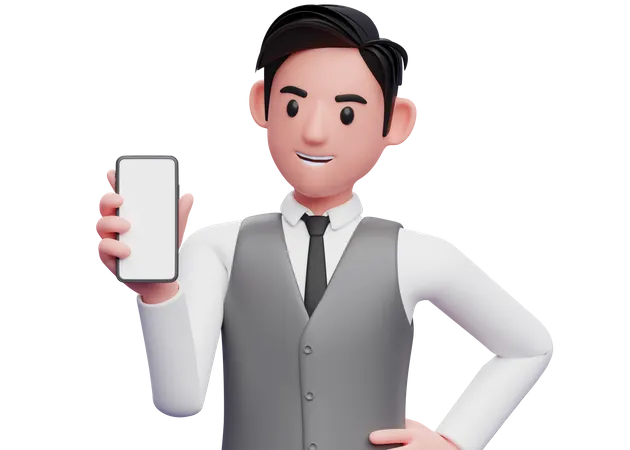 Empresário com colete cinza de escritório segurando e olhando para o telefone e a mão esquerda na cintura  3D Illustration