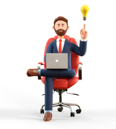 Ilustracao 3 D Do Empresario Sorridente Com Laptop E Lampada Na Cabeca Sentado Em Uma Poltrona Homem Dos Desenhos Animados Trabalhando No Escritorio E Criando Novas Boas Ideias 3D Illustration