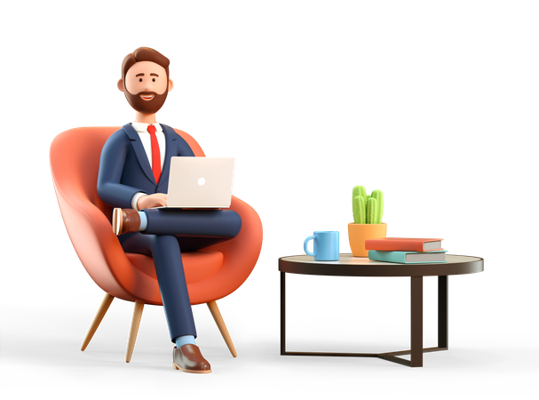 Empresário com laptop sentado no local de trabalho do escritório  3D Illustration