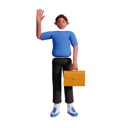 Empresário com maleta levantando uma mão  3D Illustration
