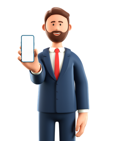 Empresário com smartphone e mostrando tela em branco  3D Illustration
