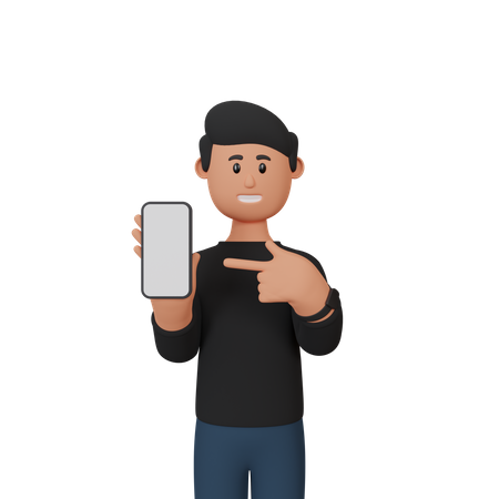 Empresário com smartphone e mostrando tela em branco  3D Illustration