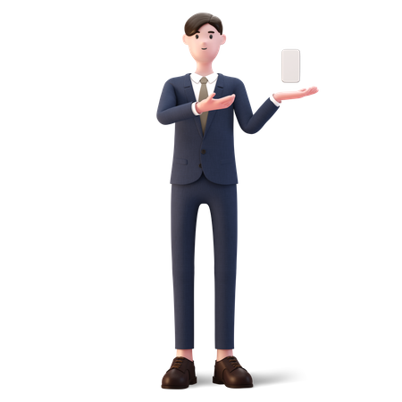 Empresário com smartphone e mostrando tela em branco  3D Illustration