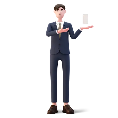 Empresário com smartphone e mostrando tela em branco  3D Illustration