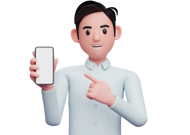 Hombre de negocios con camisa azul apuntando con el teléfono celular en la mano  3D Illustration