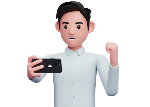 Empresario con camisa azul celebrando mientras mira un teléfono celular  3D Illustration