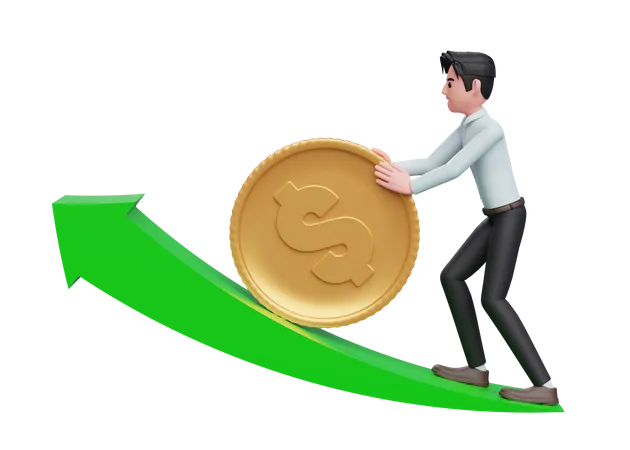 Empresario con camisa azul empujando una moneda de oro en dólares hacia arriba una flecha verde creciente  3D Illustration