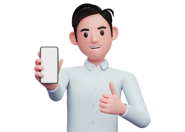 Empresario con camisa azul mostrando la pantalla del teléfono con los pulgares hacia arriba  3D Illustration