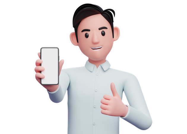 Empresario con camisa azul mostrando la pantalla del teléfono con los pulgares hacia arriba  3D Icon