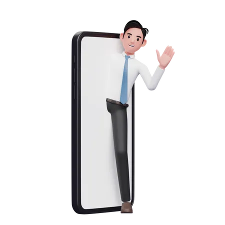 El Hombre De Negocios Aparece Desde La Gran Pantalla Del Telefono Y Saluda Con La Mano Ilustracion 3 D Del Hombre De Negocios Usando El Telefono 3D Illustration