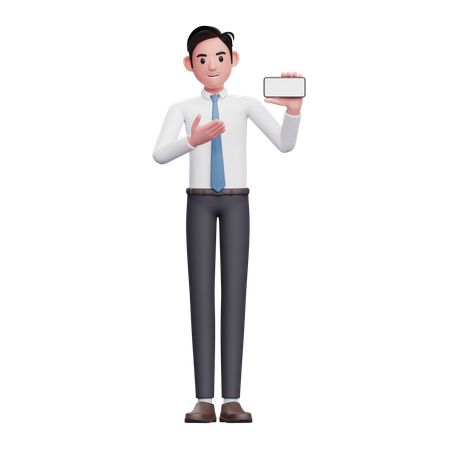 Empresario con camisa blanca apuntando a la pantalla del teléfono  3D Illustration