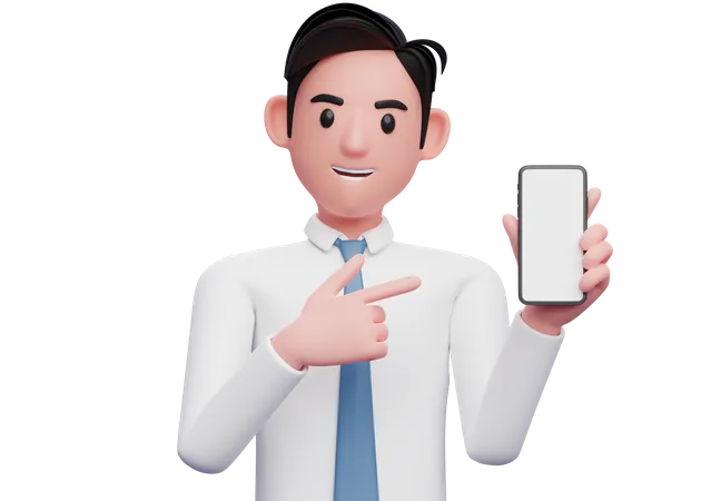 Hombre de negocios con camisa blanca apuntando con el dedo al teléfono celular en la mano  3D Illustration