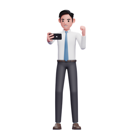 Empresario con camisa blanca celebrando mientras mira el teléfono  3D Illustration