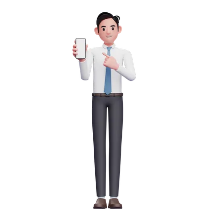 Empresario con camisa blanca y corbata azul apuntando a la pantalla del teléfono  3D Illustration