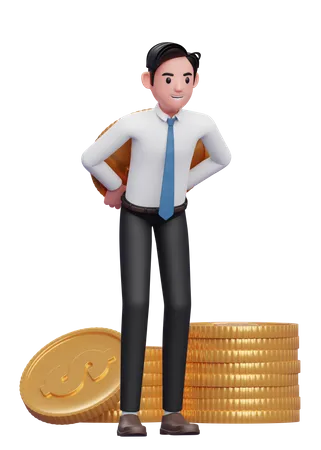 Empresario con camisa blanca y corbata azul llevando una moneda gigante en la espalda  3D Illustration