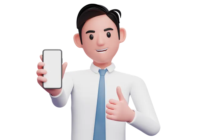 Empresario con camisa blanca agradeciendo con los pulgares mientras muestra una pantalla móvil  3D Illustration