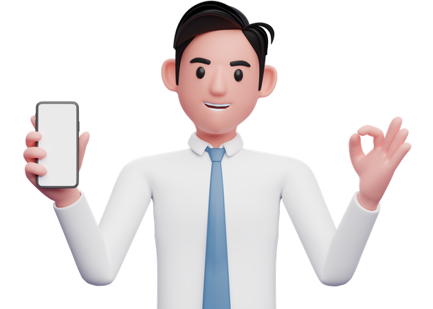 Empresario con camisa blanca dando el dedo correcto mientras muestra la pantalla del teléfono  3D Illustration