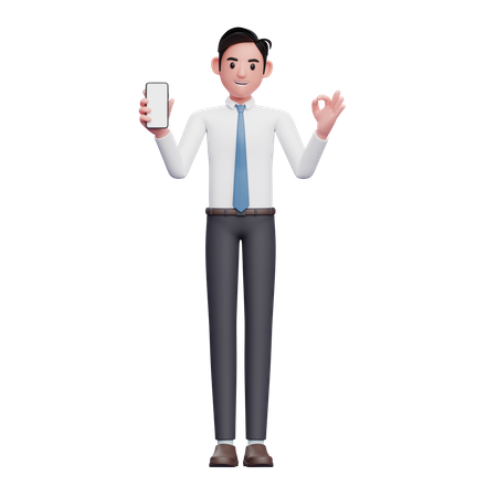 Empresario con camisa blanca dando un gesto de aprobación con el dedo mientras muestra la pantalla del teléfono  3D Illustration
