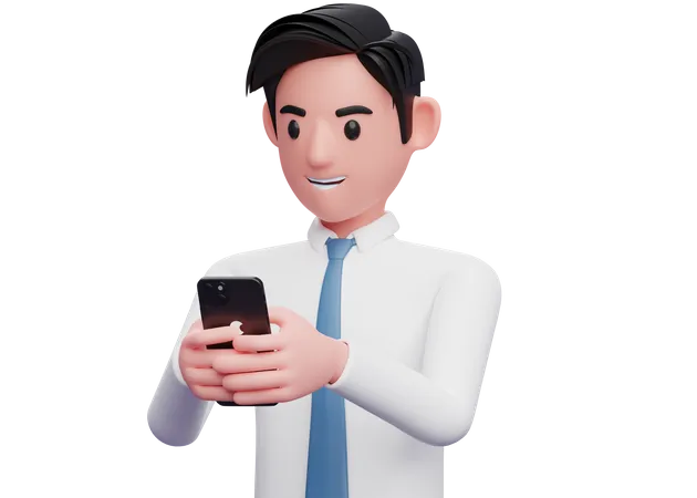 Hombre de negocios con camisa blanca escribiendo un mensaje en un teléfono celular  3D Illustration