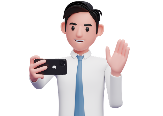 Empresario con camisa blanca haciendo una videollamada  3D Illustration