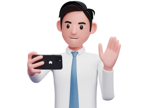 Empresario con camisa blanca haciendo una videollamada  3D Illustration