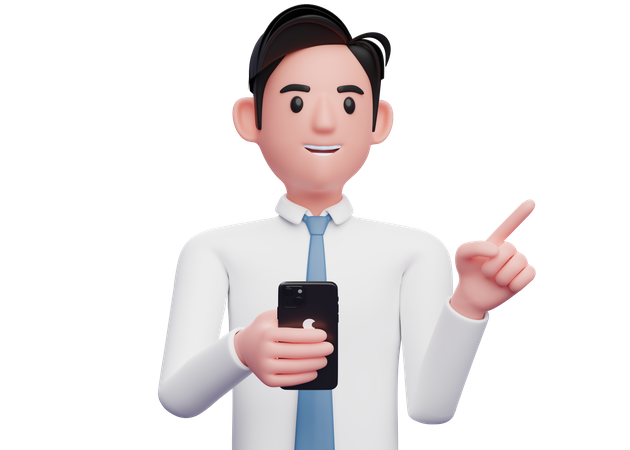 Empresario con camisa blanca sosteniendo el teléfono y apuntando hacia un lado  3D Illustration