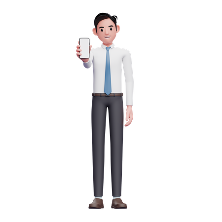 Empresario con camisa blanca y corbata azul mostrando la pantalla del teléfono  3D Illustration