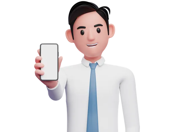 Empresario con camisa blanca y corbata azul mostrando la pantalla del teléfono a la cámara  3D Illustration
