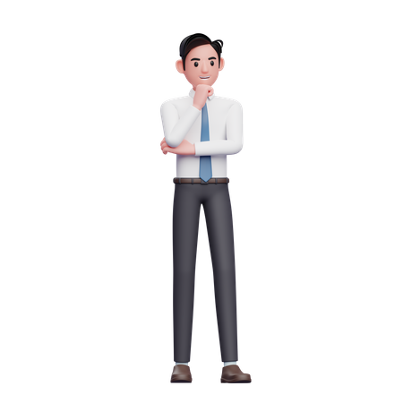 Hombre de negocios con camisa larga y corbata azul pensando con el puño en la barbilla  3D Illustration