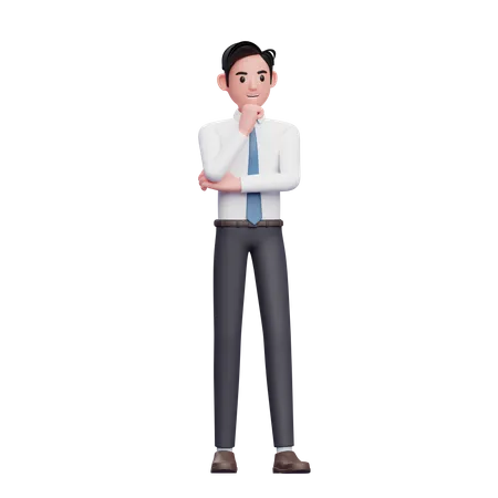 Hombre de negocios con camisa larga y corbata azul pensando con el puño en la barbilla  3D Illustration