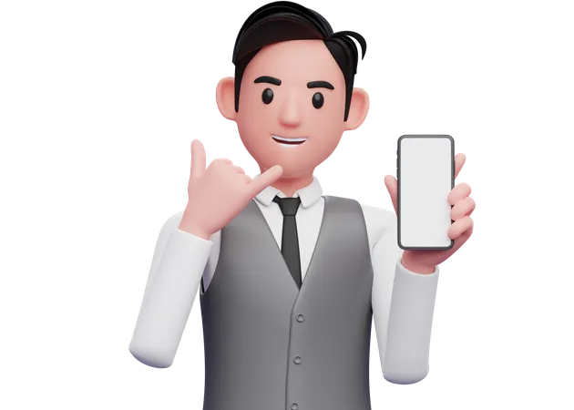 Hombre de negocios con chaleco gris de oficina haciendo un gesto con el dedo llámame y mostrando el teléfono  3D Illustration