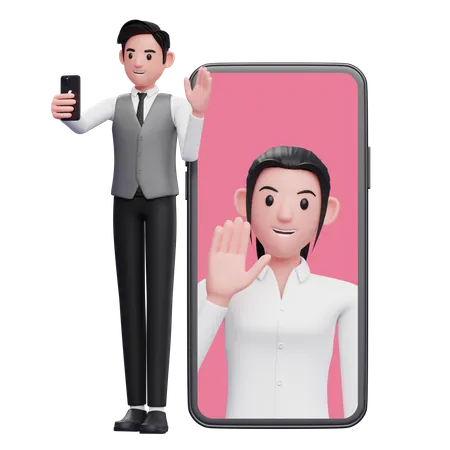Hombre De Negocios Con Chaleco Gris De Oficina Haciendo Videollamada Con Su Pareja Ilustracion 3 D De Un Hombre De Negocios Usando El Telefono 3D Illustration