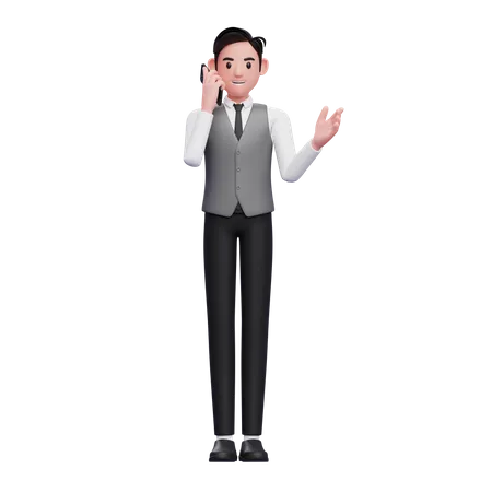 Un Hombre De Negocios Con Chaleco Gris Hace Una Llamada Con Un Telefono Celular Una Ilustracion 3 D De Un Hombre De Negocios Usando El Telefono 3D Illustration