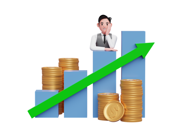 Empresario con chaleco gris poniendo su barbilla en la mano mientras se apoya en el gráfico de barras Crecimiento de las acciones  3D Icon