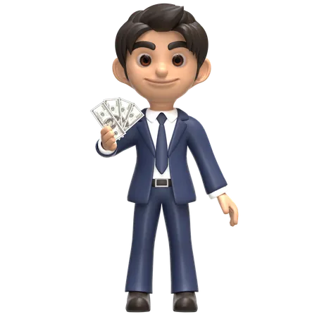 Empresario sosteniendo dinero  3D Illustration